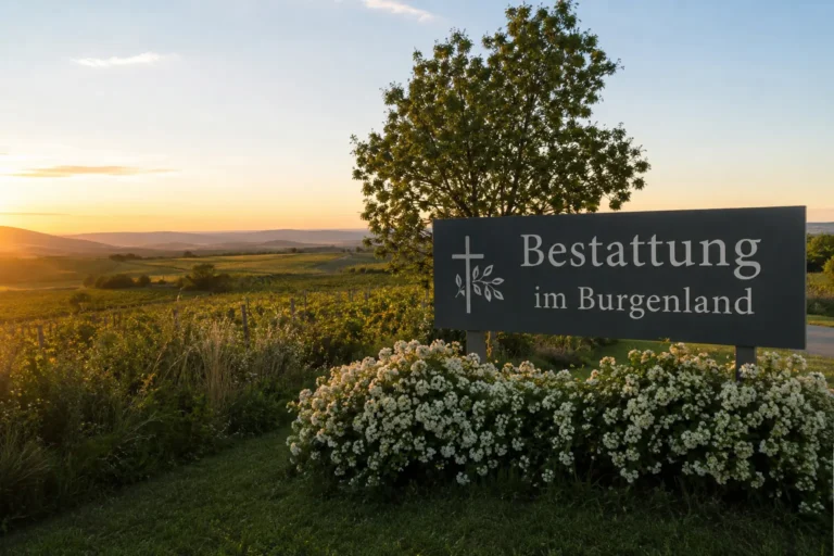 Bestattung im Burgenland mit ruhiger Landschaft, Weinbergen und stilvollem Hinweisschild