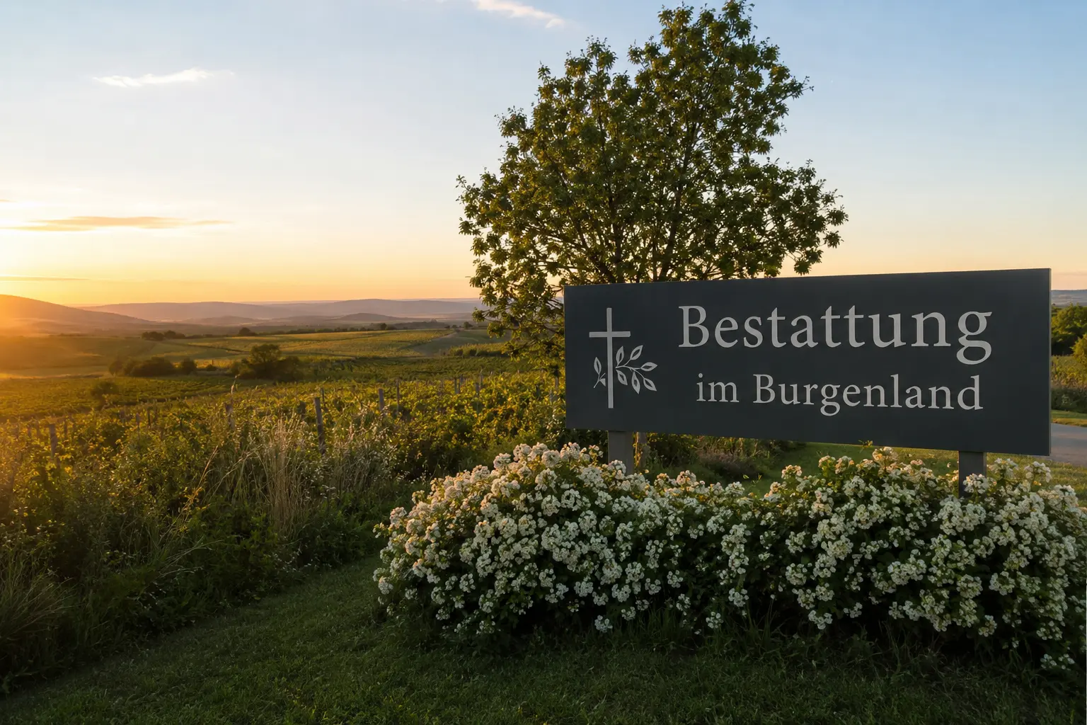 Bestattung im Burgenland mit ruhiger Landschaft, Weinbergen und stilvollem Hinweisschild