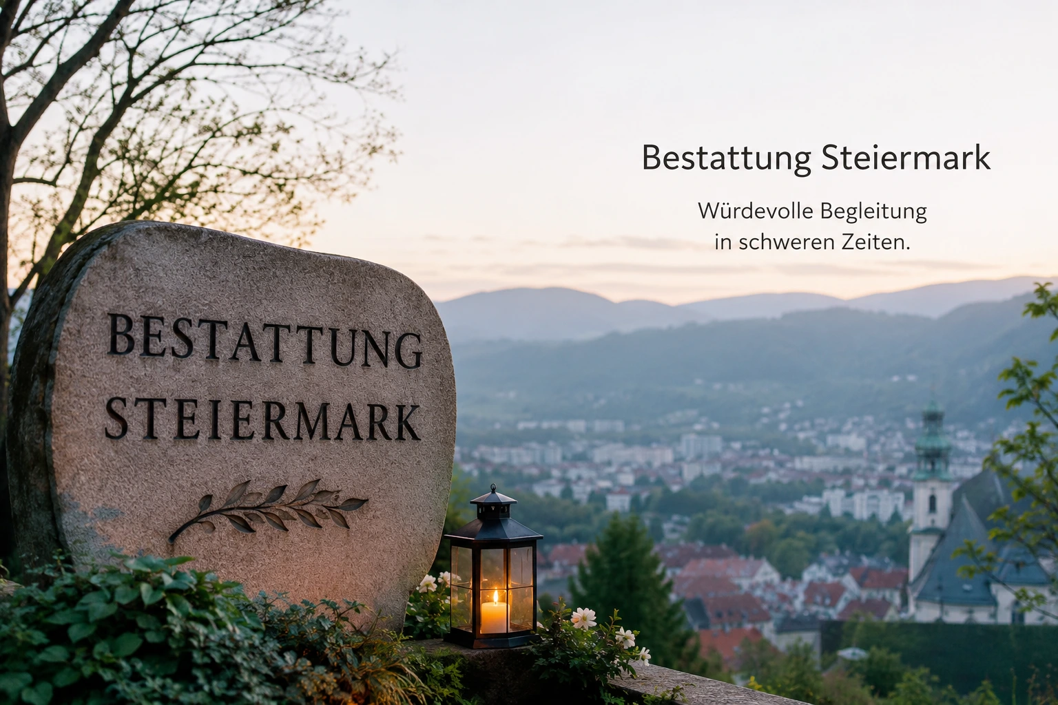 Bestattung Steiermark mit Grabstein, Kerze und würdevoller Trauerlandschaft